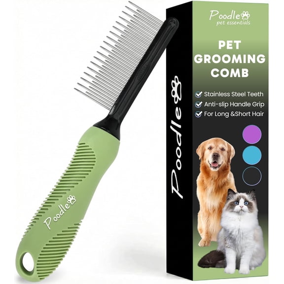 Poodle Grooming Comb - Metal Dematting Comb with Long & Short Stainless Steel Teeth for Removing Matted Hair & Knots, Safe and Gentle for Dogs & Cats (Green)