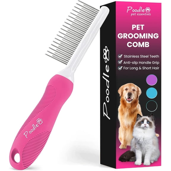 Poodle Grooming Comb - Metal Dematting Comb with Long & Short Stainless Steel Teeth for Removing Matted Hair & Knots, Safe and Gentle for Dogs & Cats (Pink)