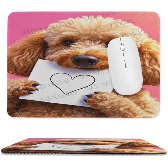 Poodle with Heart Mouse Pad 8x10 in with Stitched Edge, Non-Slip Rubber Base Desk Mouse Pad, Cute Poodle Puppy Portrait with Heart Illustration for Computer Desk