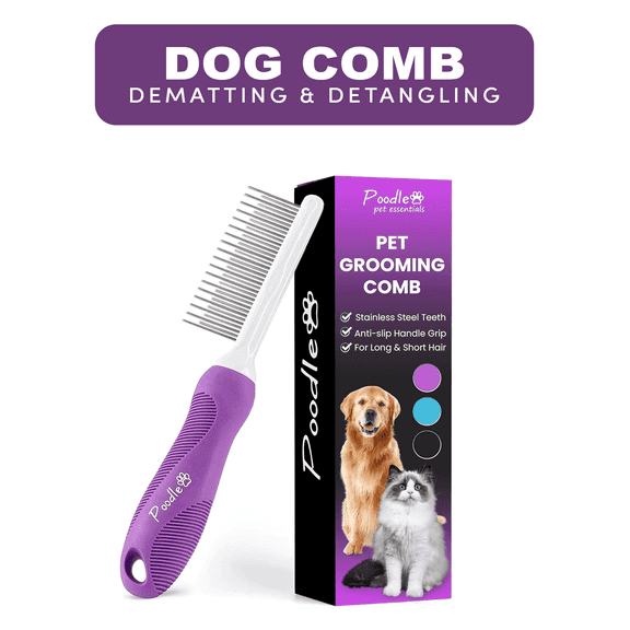 Poodle Pet 2-in-1 Stainless Steel Detangler Comb Cat & Dog Grooming Brush Groomer, Fleas Tool