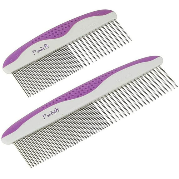 Poodle Pet Cat and Dog Grooming Comb with Stainless Steel Teeth, Purple 2 Pack