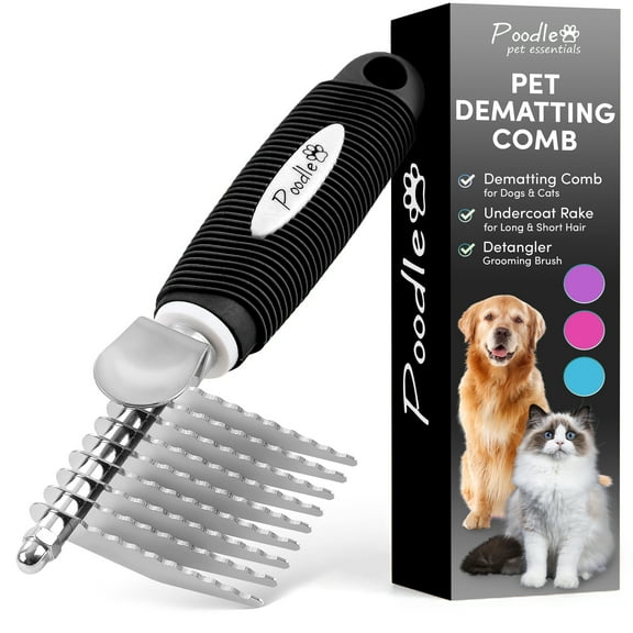 Poodle Pet Dematting Fur Rake Comb Brush Tool - Dog and Cat Comb with Long 2.5 Inches Steel Safety Blades for Detangling Matted or Knotted Undercoat Hair (Black)