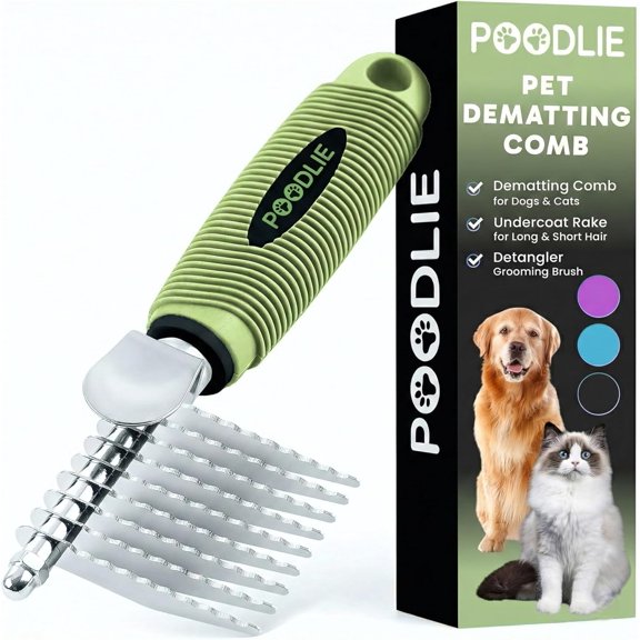 Poodle Pet Dematting Fur Rake Comb Brush Tool - Dog and Cat Comb with Long 2.5 Inches Steel Safety Blades for Detangling Matted or Knotted Undercoat Hair (Green)