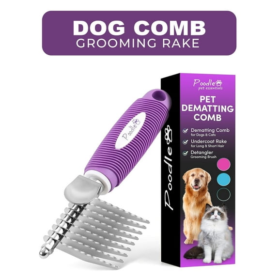 Poodle Pet Dog Dematting Comb Hair Tool with Stainless Steel Safety Blades, Purple