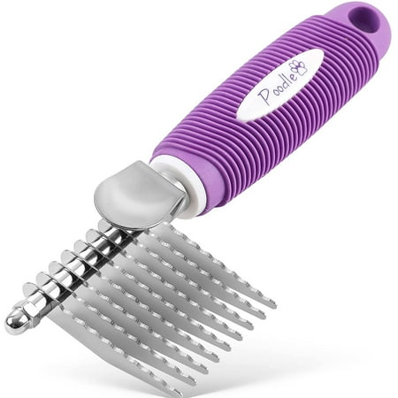 Poodle Pet Dog Dematting Comb Hair Tool with Stainless Steel Safety Blades, Purple