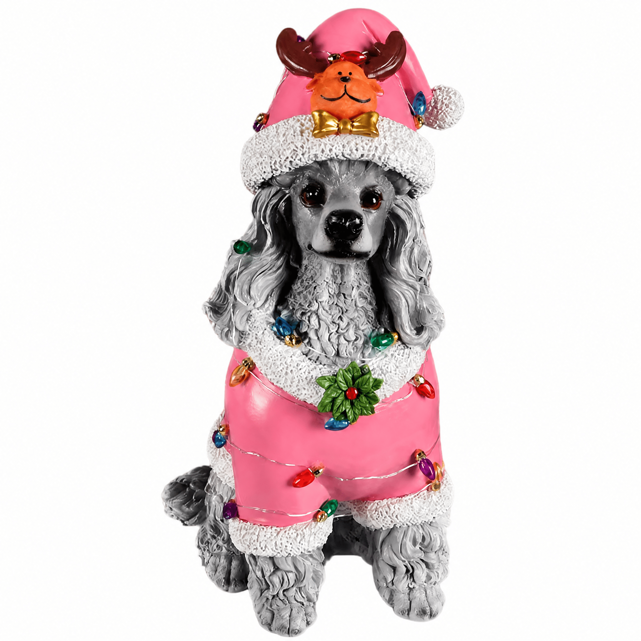 Poodle Pink Santa Outfit Christmas Dog Statue with Santa Hat Holiday Tabletop Decor