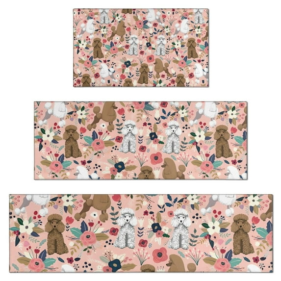 Poodle and Pioneer Flower Kitchen Rugs Sets Of 3,Kitchen Runner Rugs Non Skid Washable,Decorative Kitchen Floor Mats for Kitchen,Sink,Laundry,17"x30"+ 17"x47" + 17"x59"