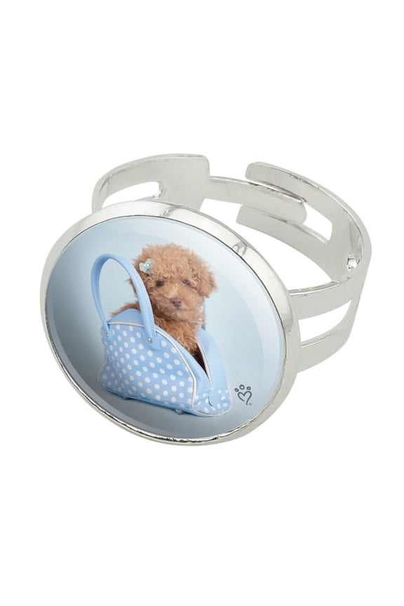 Poodle Puppy Dog Blue Spotted Handbag Silver Plated Adjustable Novelty Ring