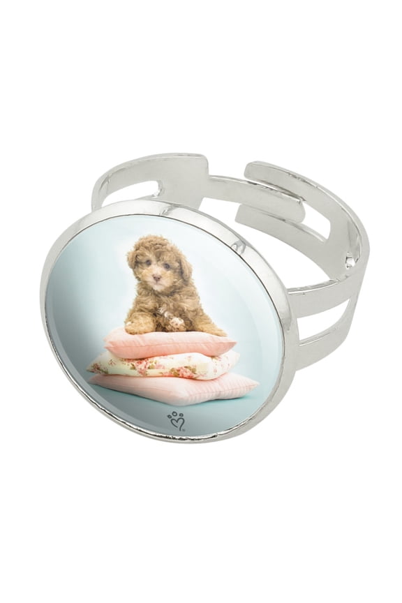 Poodle Puppy Dog on Pillows Silver Plated Adjustable Novelty Ring