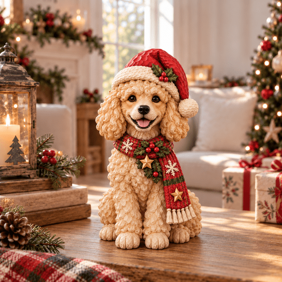 Poodle Santa Hat Scarf Christmas Wooden Block 3 Layer Figurine for Dog Lover Tabletop Decor