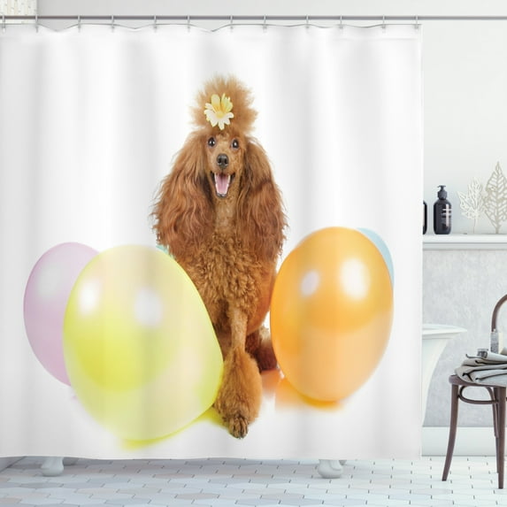 Poodle Shower Curtain, Partying with Dog a Flower on Head Colorful Balloons, Fabric Bathroom Set with Hooks, 69W X 70L Inches, Pale Orange Pastel Yellow and Multicolor, by Ambesonne