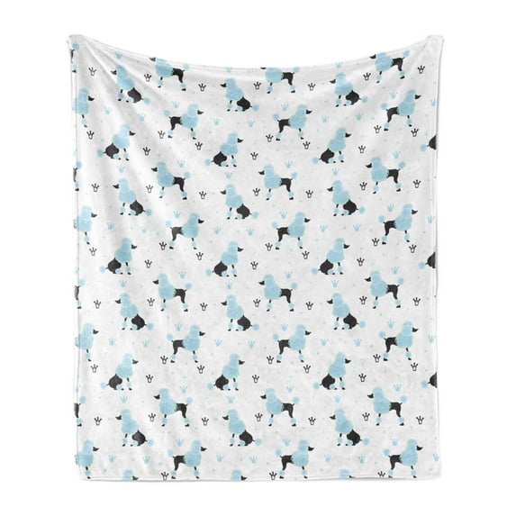 Poodle Soft Flannel Fleece Throw Blanket, Crowns Hand Drawn Scribble Fluffy Dog Species, Cozy Plush for Indoor and Outdoor Use, 50" x 60", Pale Blue White, by Ambesonne