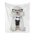 thumbnail image 1 of Poodle Soft Flannel Fleece Throw Blanket, Groomed Doggie in a Tuxedo and Glasses Sitting, Cozy Plush for Indoor and Outdoor Use, 50" x 70", White Dark Grey Coconut, by Ambesonne, 1 of 5