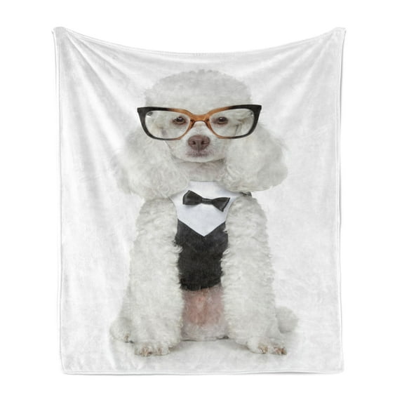 Poodle Soft Flannel Fleece Throw Blanket, Groomed Doggie in a Tuxedo and Glasses Sitting, Cozy Plush for Indoor and Outdoor Use, 70" x 90", White Dark Grey Coconut, by Ambesonne