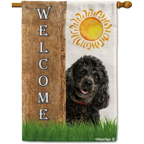 Poodle Spring Summer Welcome House Flag Dog Hides Behind a Tree Sun Outside Yard Decor Flag Banner 28X40 Inch Double Side Style 1