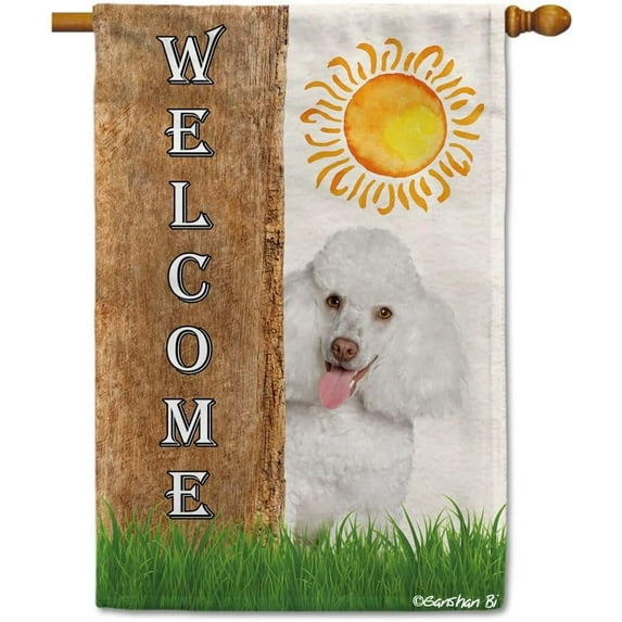 Poodle Spring Summer Welcome House Flag Dog Hides Behind a Tree Sun Outside Yard Decor Flag Banner 28X40 Inch Double Side Style 2