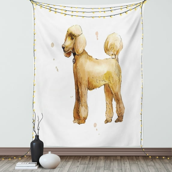 Poodle Tapestry, Cartoon Style of a Poodle Side Shot Standing on 4 Feet, Wall Hanging for Bedroom Living Room Dorm Decor, 40W X 60L Inches, Pastel Brown Umber Dark Yellow White, by Ambesonne
