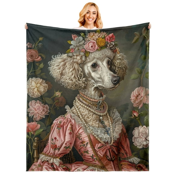 Poodle Victorian Flannel Throw Blanket 50x60 Inch, Oil Painting Style Blankets Soft Cozy Flannel Throws for Pet Lover Bed Sofa Dorm Living Room Puppy Decor Gifts