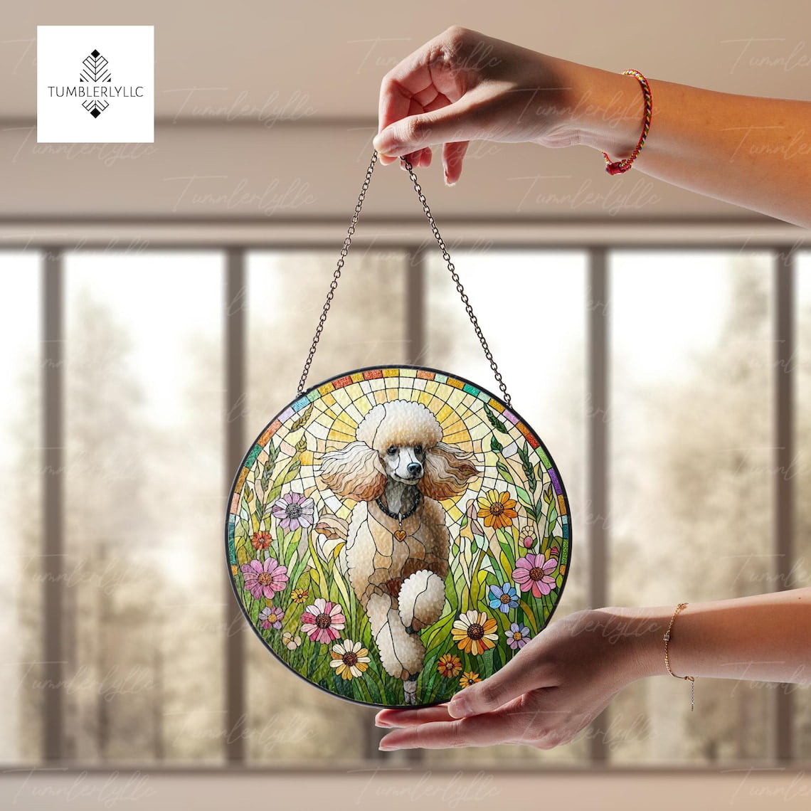 Poodle Wildflower Glass Suncatcher, Vibrant Dog Lover Art, Floral Pet Home Decor, 3.5 in