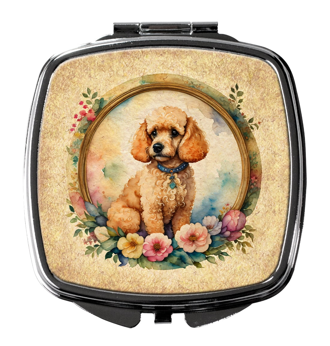 Poodle and Flowers Compact Mirror 2.75 in x 3 in