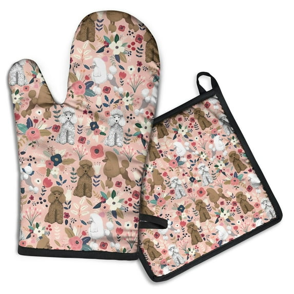 Poodle and Flowers Floral Kitchen Oven Mitt and Pot Holder Sets 2 Pcs for Baking, Cooking and Grilling, Heat Resistant Up To 392 °F