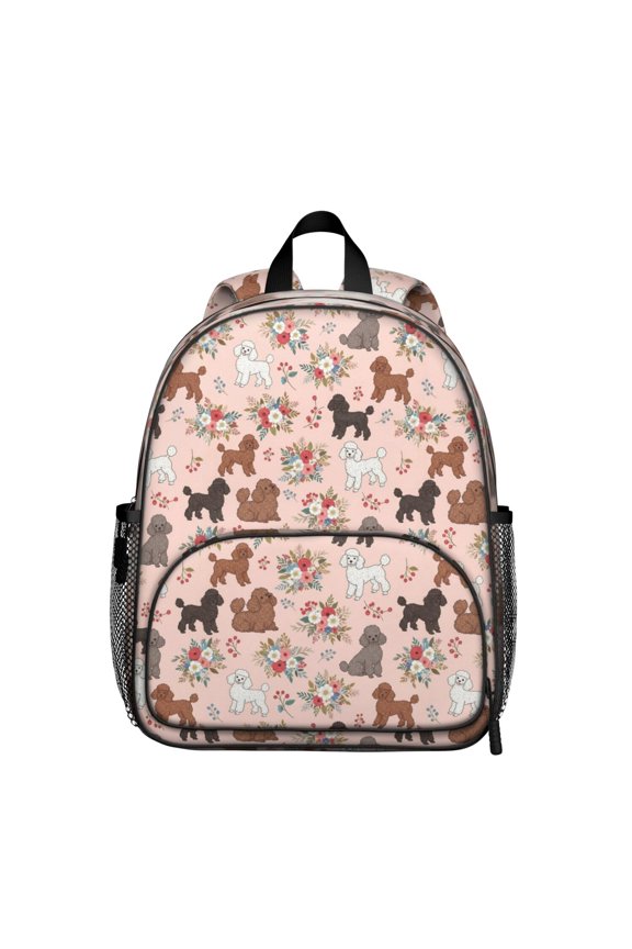 Poodle and Flowers Pink Pattern Backpack for School, Cute School Bag with Adjustable Shoulder Straps and Padded Back, 13.8"x11.4"x6"