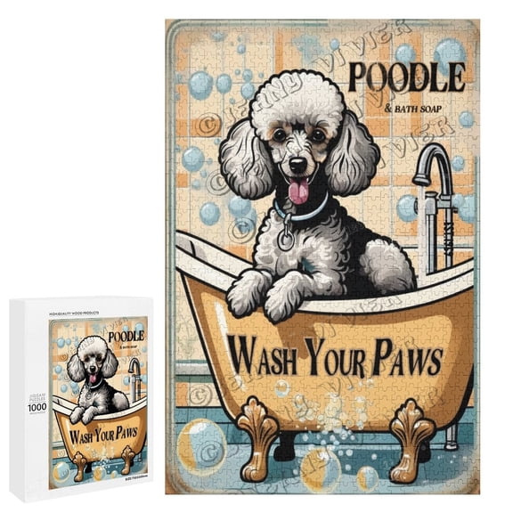 Poodles Decor Wash Your Paws Sign 1000 Piece Puzzles for Adults and Kids Wooden Sign Wood Decorative Sign for Bedroom Living Room Kitchen Bathroom Office and Home Decor