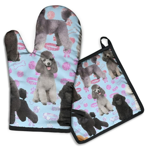 Poodles Kitchen Oven Mitt and Pot Holder Sets 2 Pcs for Baking, Cooking and Grilling, Heat Resistant Up To 392 °F