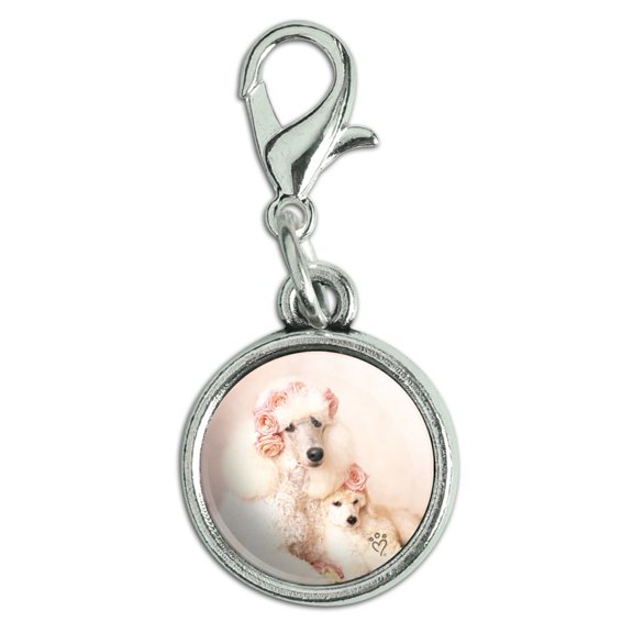 Poodles Mother and Daughter Puppy Dog Antiqued Bracelet Pendant Zipper Pull Charm with Lobster Clasp