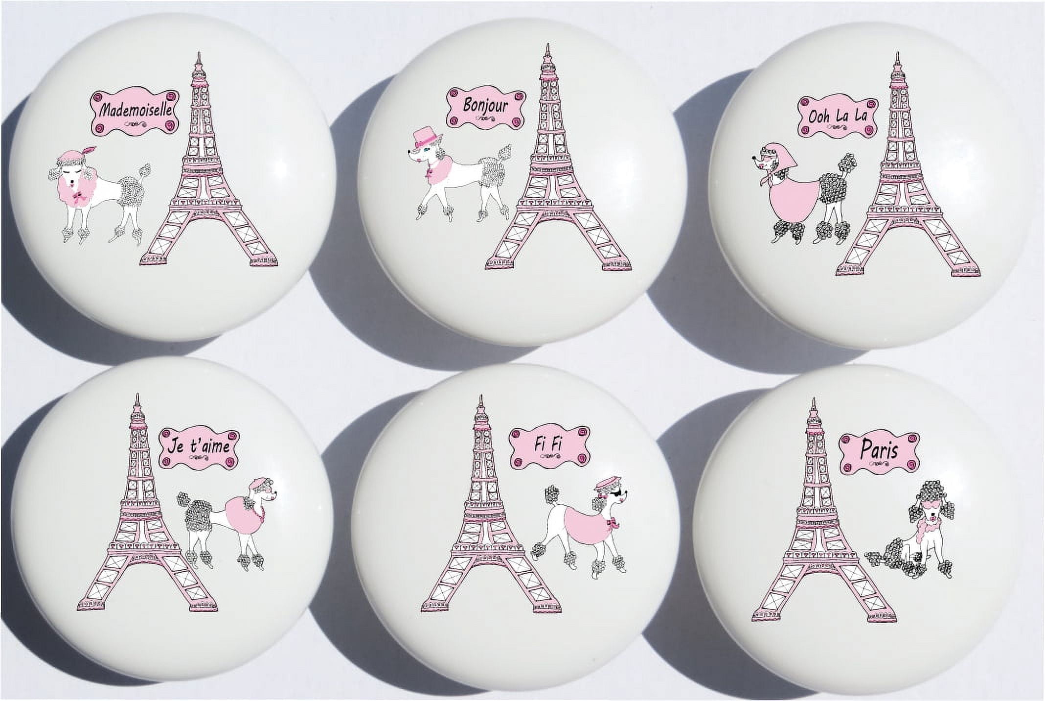 Poodles in Paris Drawer Pull Knobs / Eiffel Tower Paris Ceramic Cabinet Handles / Paris Room Decor