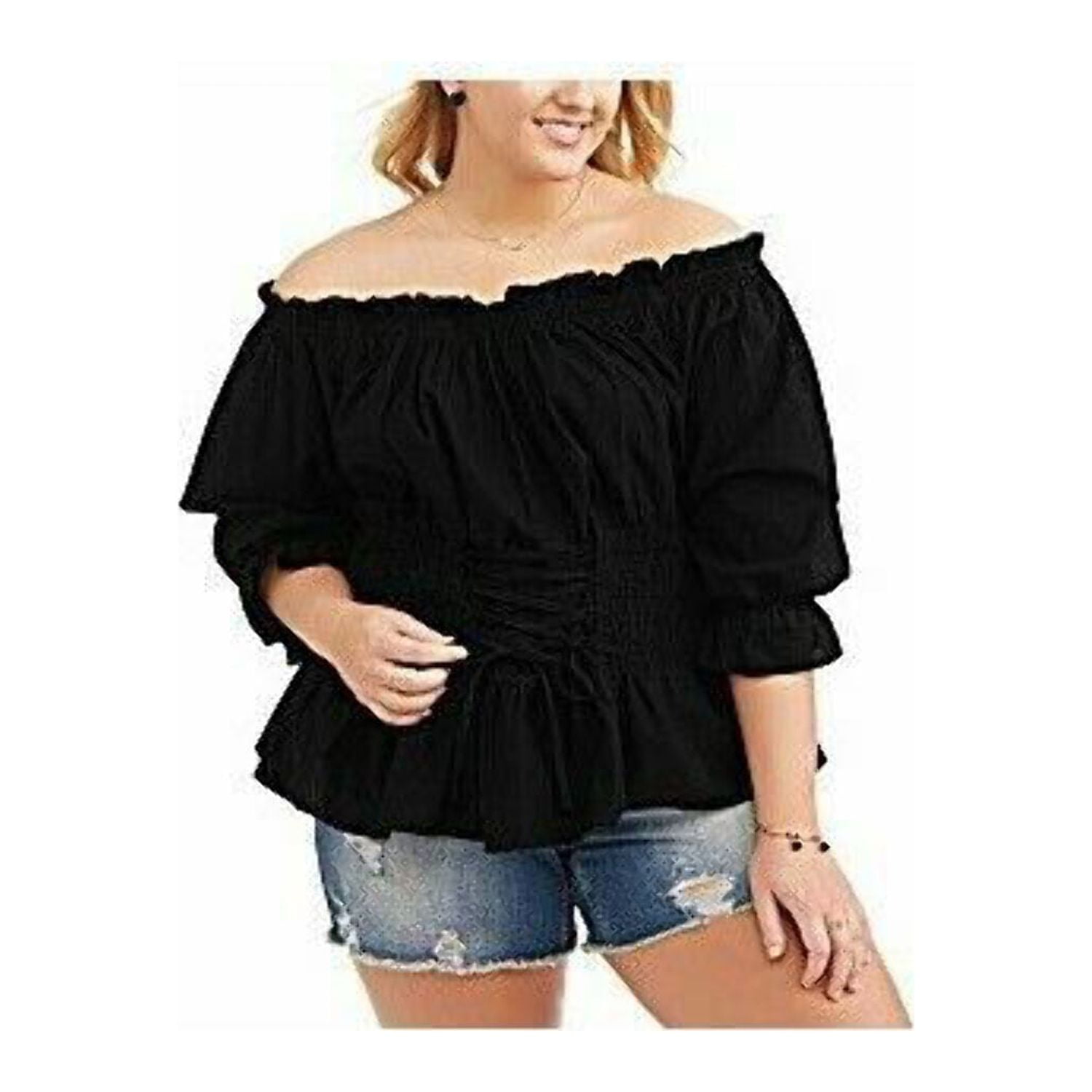 POOF APPAREL Poof Blouse Junior Plus Size 1X Black Corset Tie Front --C3--