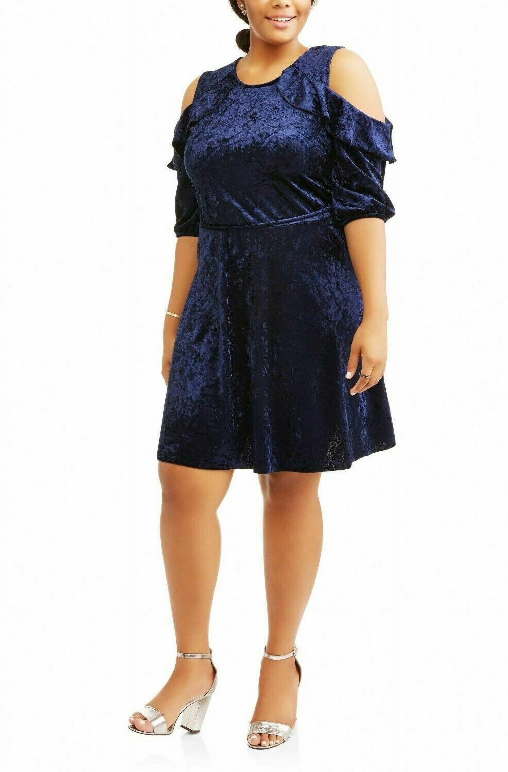 POOF APPAREL Poof Velvet Dress Juniors' Plus Size 3XL 3/4 Ruffle Cold ShoulderW/Self Belt