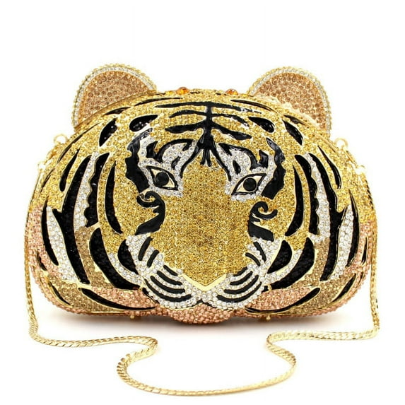 Pooflower Animal Purse Tiger Face Diamond Hollow Out Clutch Bag Women Chain Mini Handbag Crystal Wedding Party Evening Bag