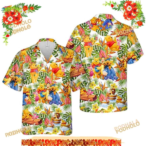 Pooh And Friends Hibicus Flower Leaves Green Funny Hawaiian Shirt