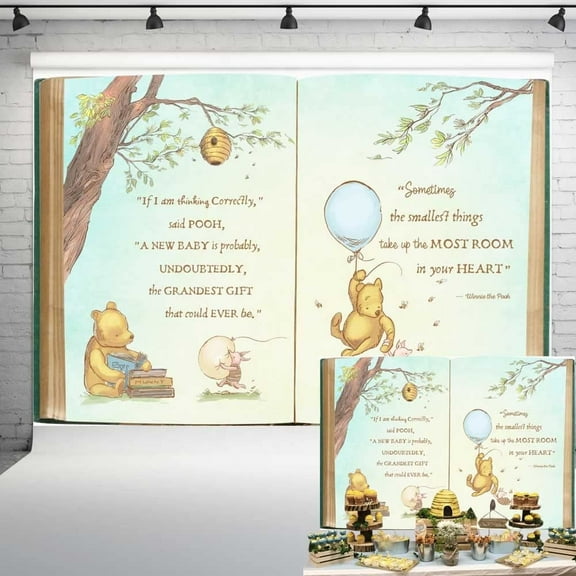 Pooh Bear Baby Shower Backdrop for Boy Retro Giant Book Spring Tree Vintage Background Newborn Quote Blue Yellow Tinge Banner 7x5 ft