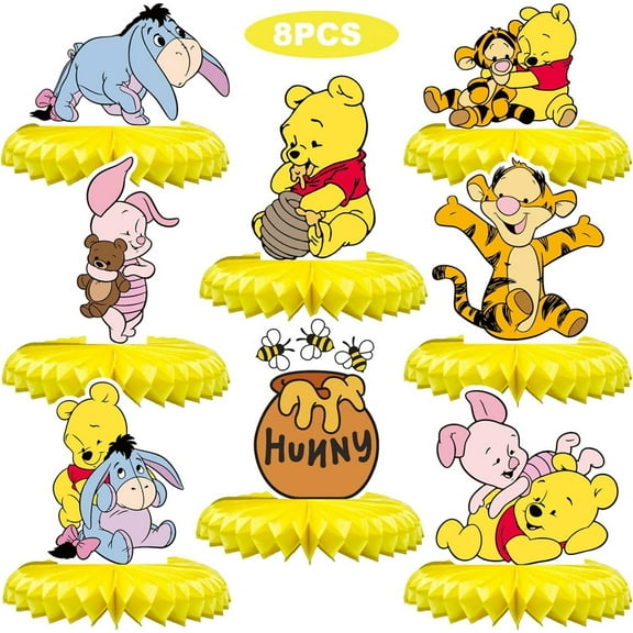 Pooh Bear Birthday Honeycomb Centerpiece Party Decorations – Colorful Table Décor for Kids and Adults, Baby Shower, Wedding, Holiday Celebration, 8-Piece Set
