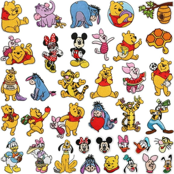 Pooh Bear Embroidery Applique, Eeyore Iron on Patches 36 Pcs Piglet Decorative Patches Beautiful Sew on Floral Stickers for Backpacks Clothing T-Shirt Jacket Jeans Hat