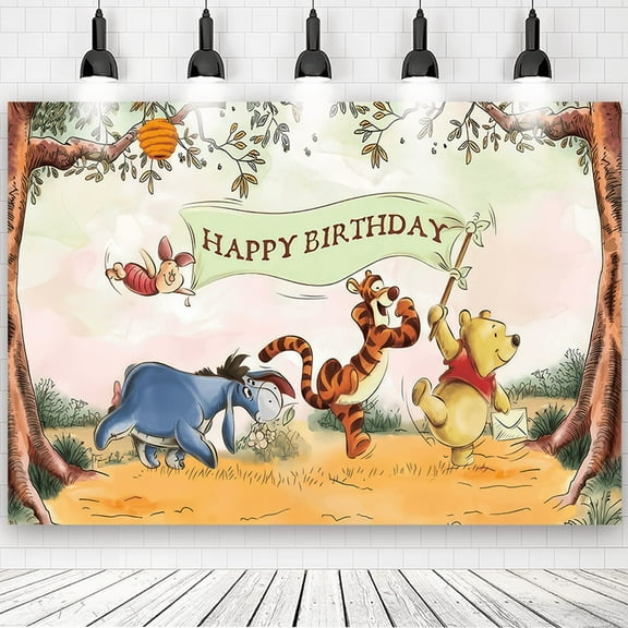 Pooh Bear Happy Birthday Backdrop Classic Winnie and Friends in Woods Background Neutral Green Party Decorations 7x5 ft