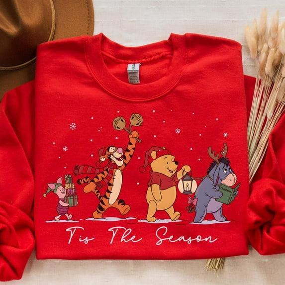 Pooh Tis the Season Christmas Sweatshirt Christmas Lights Pooh Shirt Cute Winnie The Pooh Winter Sweater,Red Color,Size L
