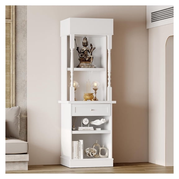 Pooja Altar Table with Drawer & Shelves, White Buddhist Shrine