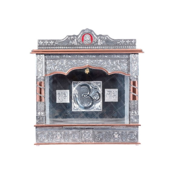 Pooja Bazar Silver Mandir for Home - Copper Oxidized - Without Door, Large (W 10 X L 24 X H 27)
