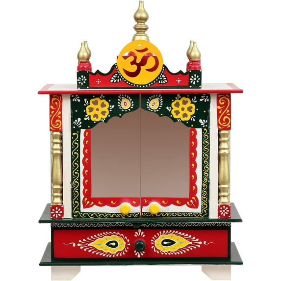 Pooja MANDIR WOODEN TEMPLE With Doors for Home Office Prayer Room Mantap Pooja Ghar Handmade wall mount / Multi Color Hindu Temple for Pooja