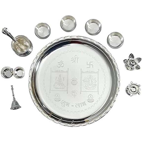 Pooja Thali Set Silver Plated Puja Thali 12 Inch for Diwali Decoration Gift Items Festival Ethnic Puja Thali for Temple Office Home Wedding Return Gifts$$Home Decor, Kitchen, & Other