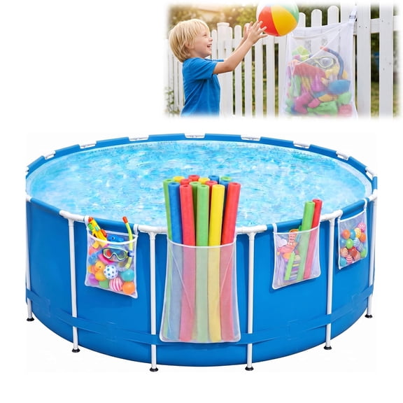 Pool Accessories Above Ground Storage Bags 4-Pack, Mesh Organizer for Pool Noodles Floats Toys, Adjustable Straps 1-Second Install