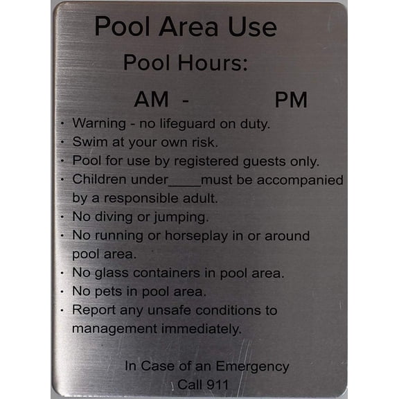 Pool Area use- Pool Hours Sign (Silver, Rust Free Aluminium 9x12, with Symbol)