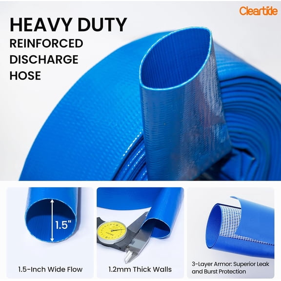 Pool Backwash Drain Hose with Camlock Fittings, 1-1/2" x 25ft Heavy Duty Reinforced Blue PVC Lay Flat Discharge Hose for Pump, Pool Drainage, Includes 150M Adapter & Stainless Steel Clamp