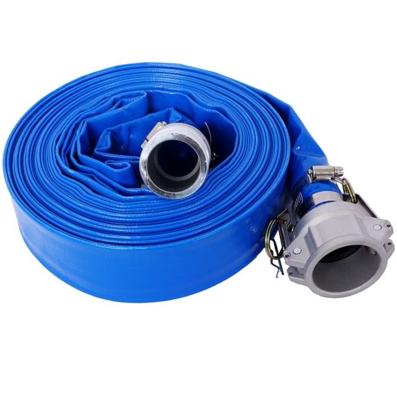 Pool Backwash Hose 1.5 inch x 50 ft, Blue PVC Lay Flat Discharge Hose with Aluminum Camlock C and E Fittings for Swimming Pool Drain and Filter Cleaning