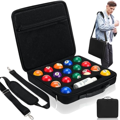 Pool Ball Carrying Case, Billiard Balls Storage Bag with Handle & Adjustable Shoulder Strap, EVA Pool Ball Travel Box, Padded Cue Ball Holder for 17 Professional Ball Set (Bag Only)$$