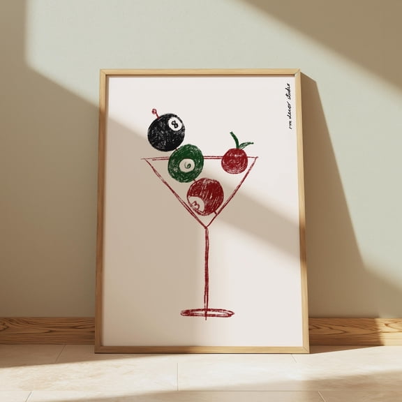 Pool Ball Martini Art Print Poster, Vintage Food Print, Trendy Retro Print, Drink Art Illustration, Modern Kitchen Wall Art UNFRAMED PAPER POSTER, Home Decor, Vintage Gift, Living Room Dercor