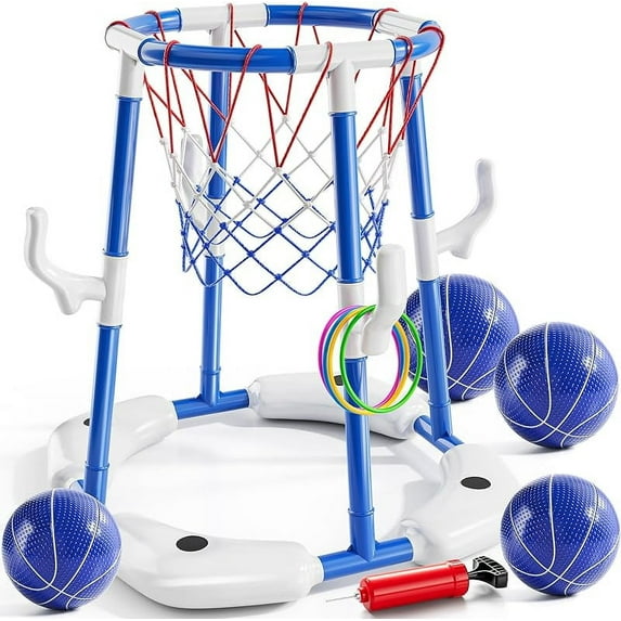 Pool Basketball Hoop, 2-in-1 Floating Pool Toys Ring Game with 4 Balls and Pump, Outdoor Swimming Pool Basketball Games Water Play Toy Family Party for Kids Adults Age 3-12 (Blue)